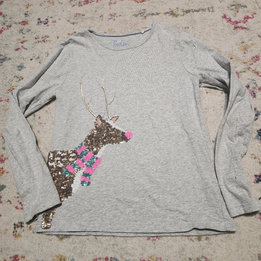 💘 Mini Boden Sequin Reindeer Girls Shirt